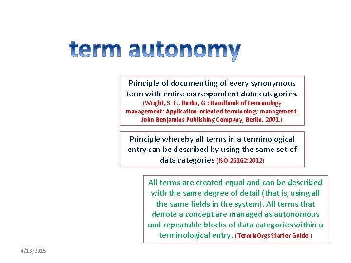 Principle of documenting of every synonymous term with entire correspondent data categories. (Wright, S.