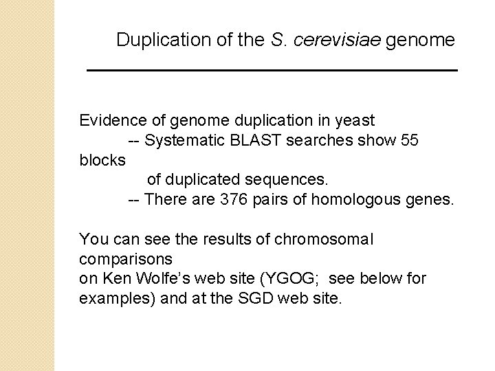 Duplication of the S. cerevisiae genome Evidence of genome duplication in yeast -- Systematic