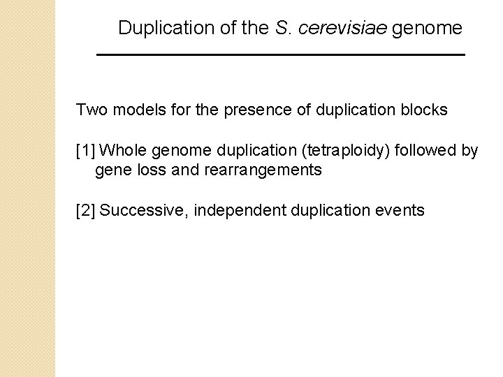 Duplication of the S. cerevisiae genome Two models for the presence of duplication blocks