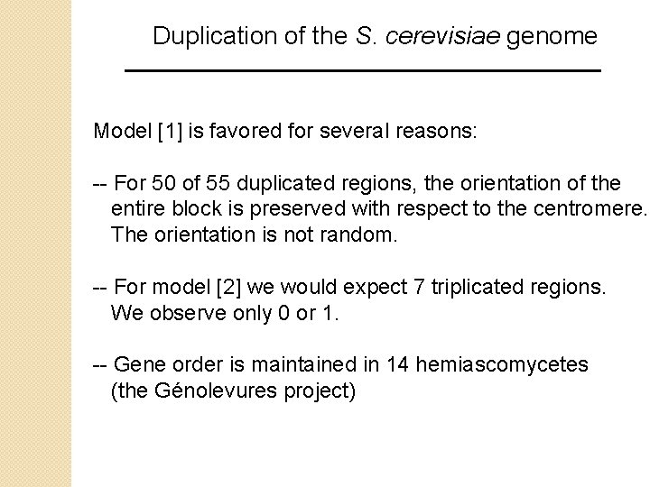Duplication of the S. cerevisiae genome Model [1] is favored for several reasons: --