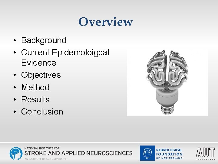 Overview • Background • Current Epidemoloigcal Evidence • Objectives • Method • Results •