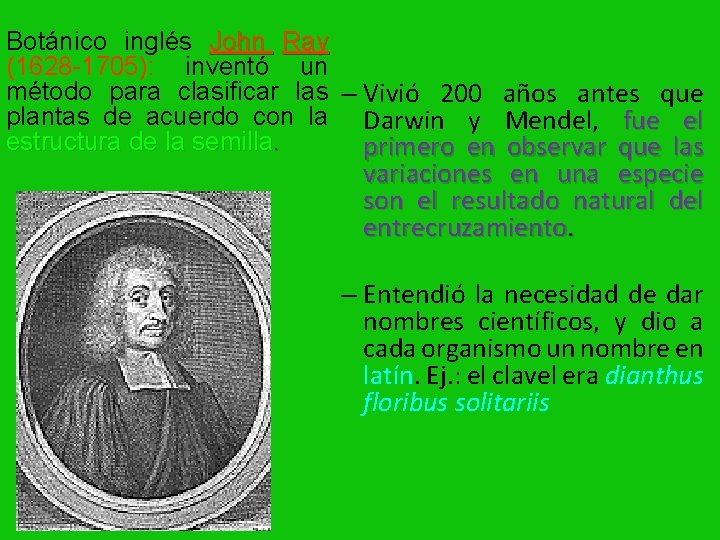 Botánico inglés John Ray (1628 -1705): inventó un método para clasificar las – Vivió