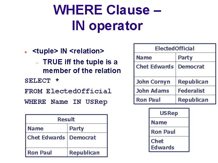 WHERE Clause – IN operator <tuple> IN <relation> TRUE iff the tuple is a