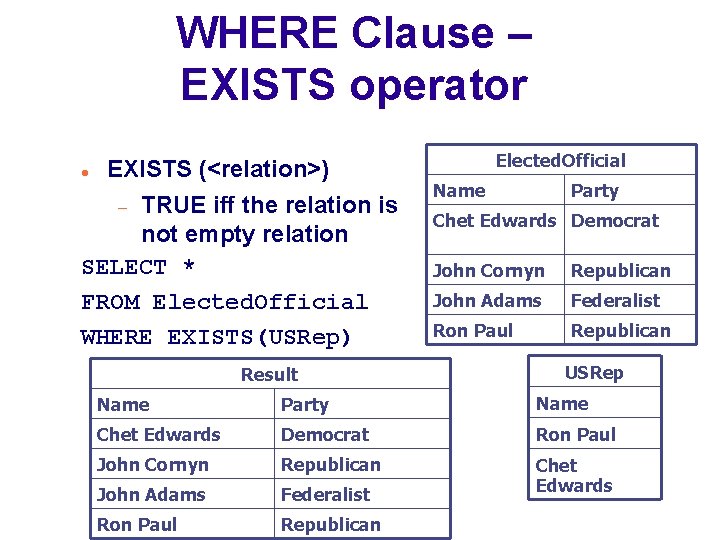 WHERE Clause – EXISTS operator EXISTS (<relation>) TRUE iff the relation is not empty