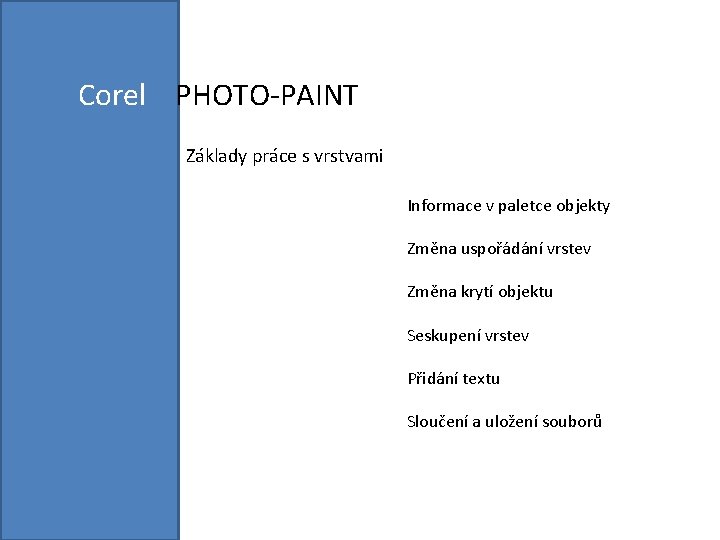 Corel PHOTO-PAINT Základy práce s vrstvami Informace v paletce objekty Změna uspořádání vrstev Změna