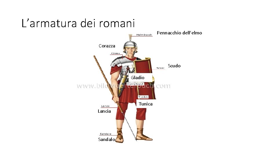 L’armatura dei romani Pennacchio dell’elmo Corazza Scudo Gladio Tunica Lancia Sandalo 