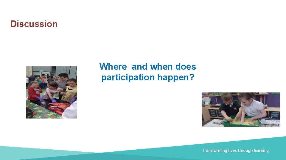 Discussion Where and when does participation happen? Document title Transforming lives through learning 