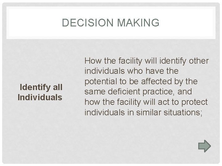 DECISION MAKING Identify all Individuals How the facility will identify other individuals who have