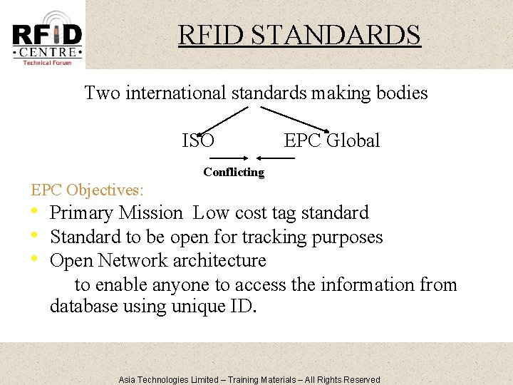 RFID STANDARDS Two international standards making bodies ISO EPC Global Conflicting EPC Objectives: •