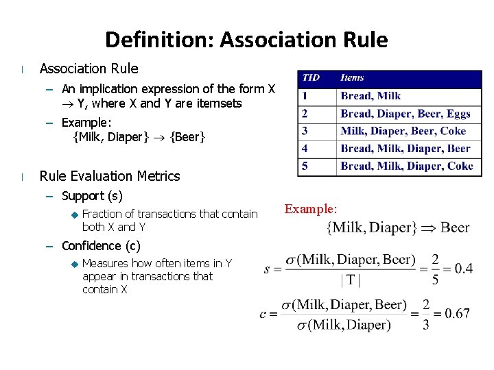 Definition: Association Rule l Association Rule – An implication expression of the form X