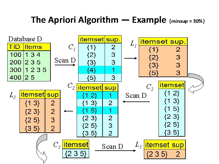 The Apriori Algorithm — Example Database D (minsup = 30%) L 1 C 1