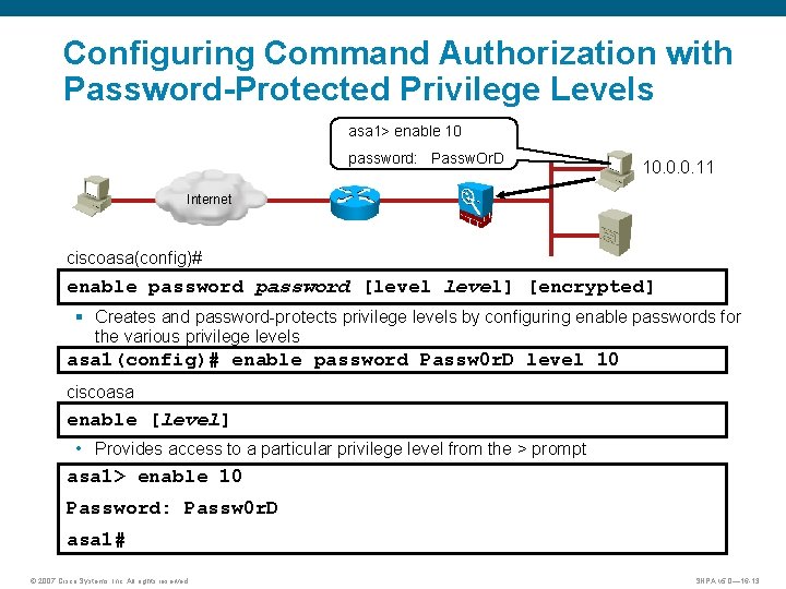 Configuring Command Authorization with Password-Protected Privilege Levels asa 1> enable 10 password: Passw. Or.