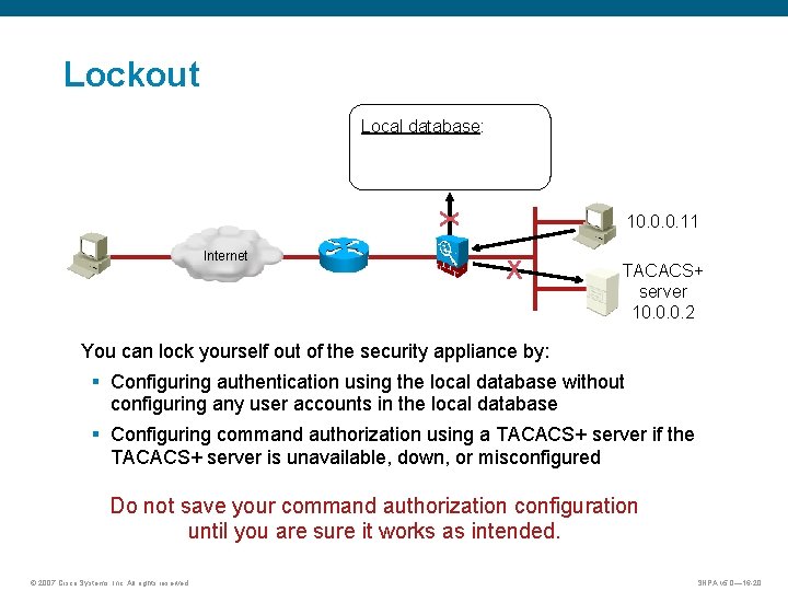 Lockout Local database: X Internet 10. 0. 0. 11 X TACACS+ server 10. 0.