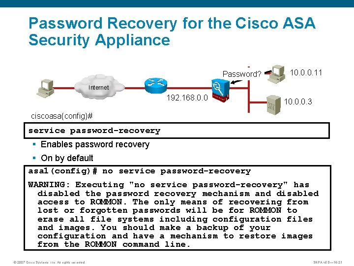 Password Recovery for the Cisco ASA Security Appliance Password? 10. 0. 0. 11 Internet