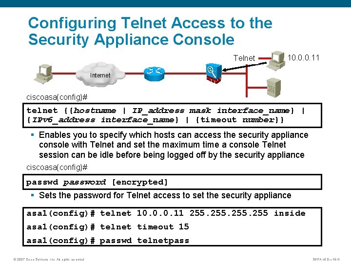 Configuring Telnet Access to the Security Appliance Console Telnet 10. 0. 0. 11 Internet