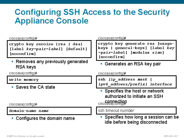 Configuring SSH Access to the Security Appliance Console ciscoasa(config)# crypto key zeroize {rsa |