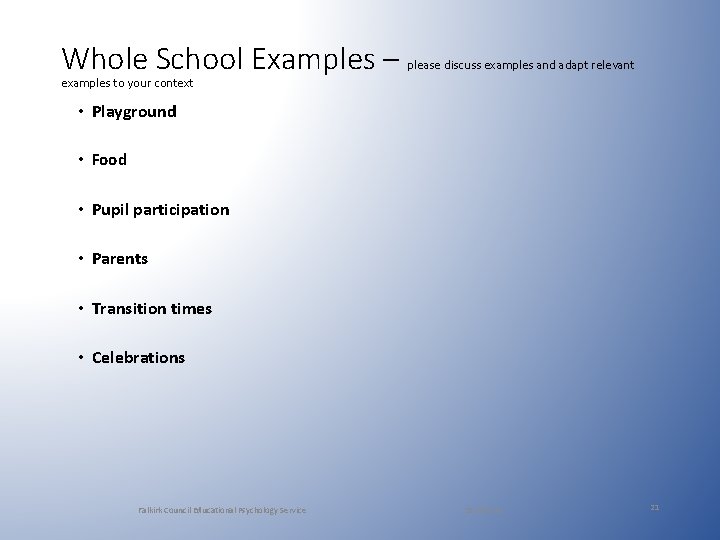 Whole School Examples – please discuss examples and adapt relevant examples to your context Whole School Examples – please discuss examples and adapt relevant examples to your context