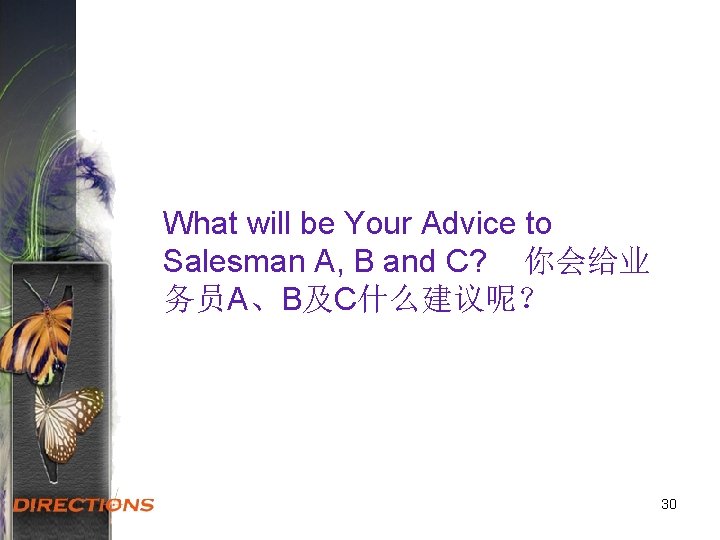 What will be Your Advice to Salesman A, B and C? 你会给业 务员A、B及C什么建议呢？ 30