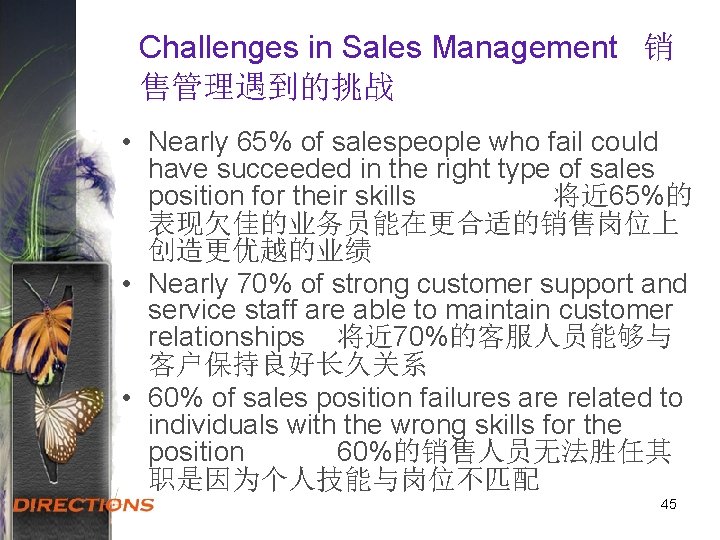 Challenges in Sales Management 销 售管理遇到的挑战 • Nearly 65% of salespeople who fail could