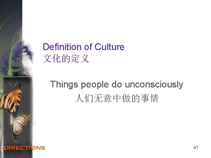 Definition of Culture 文化的定义 Things people do unconsciously 人们无意中做的事情 47 