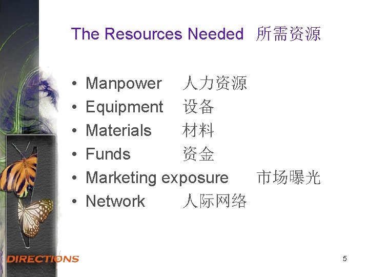 The Resources Needed 所需资源 • • • Manpower 人力资源 Equipment 设备 Materials 材料 Funds