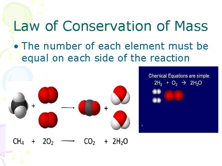 Law of Conservation of Mass • The number of each element must be equal