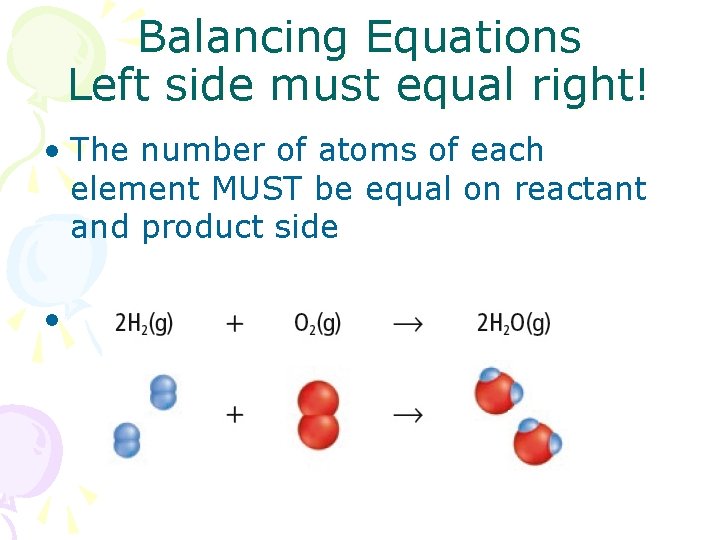 Balancing Equations Left side must equal right! • The number of atoms of each