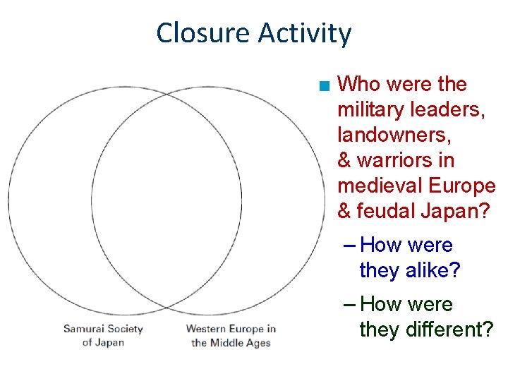 Closure Activity ■ Who were the military leaders, landowners, & warriors in medieval Europe