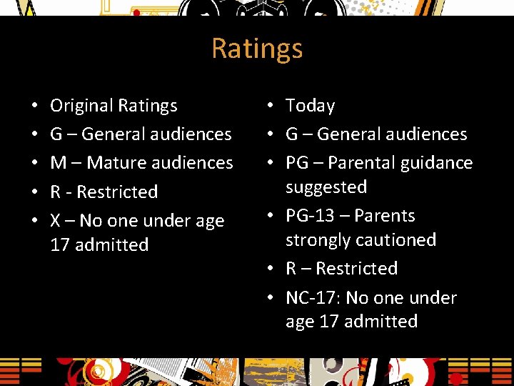 Ratings • • • Original Ratings G – General audiences M – Mature audiences