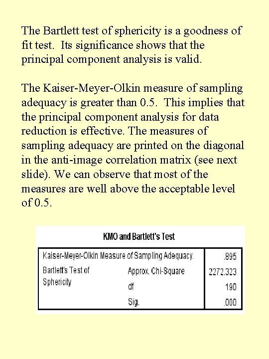 The Bartlett test of sphericity is a goodness of fit test. Its significance shows