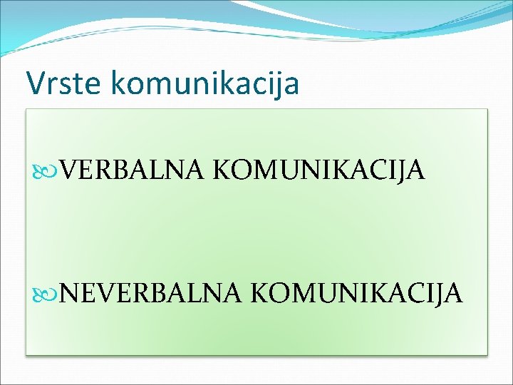 Vrste komunikacija VERBALNA KOMUNIKACIJA NEVERBALNA KOMUNIKACIJA 