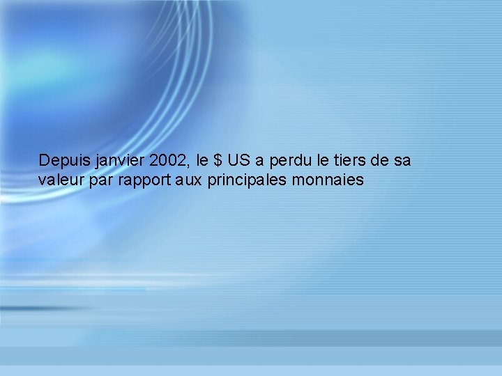 Depuis janvier 2002, le $ US a perdu le tiers de sa valeur par