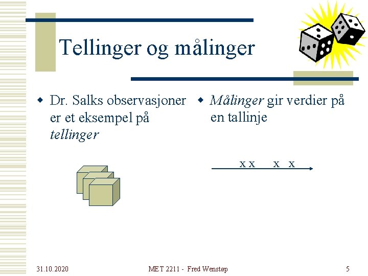 Tellinger og målinger w Dr. Salks observasjoner w Målinger gir verdier på en tallinje