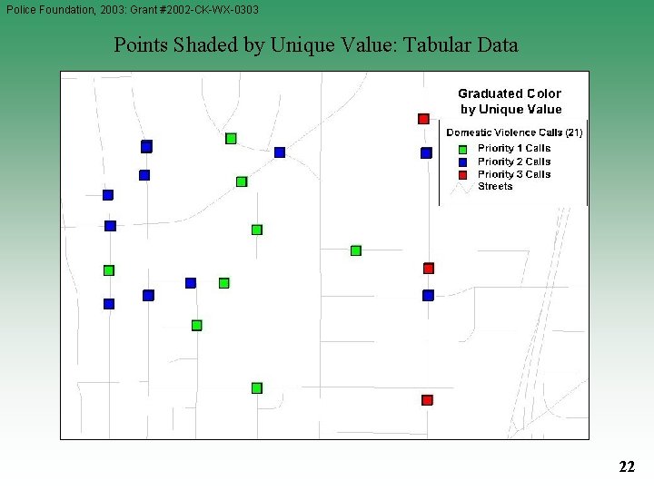 Police Foundation, 2003: Grant #2002 -CK-WX-0303 Points Shaded by Unique Value: Tabular Data 22 Police Foundation, 2003: Grant #2002 -CK-WX-0303 Points Shaded by Unique Value: Tabular Data 22