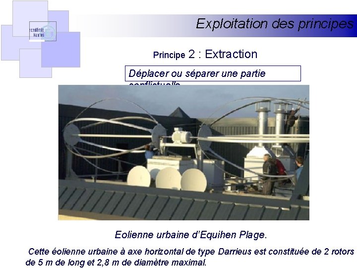 Exploitation des principes Principe 2 : Extraction Déplacer ou séparer une partie conflictuelle Eolienne