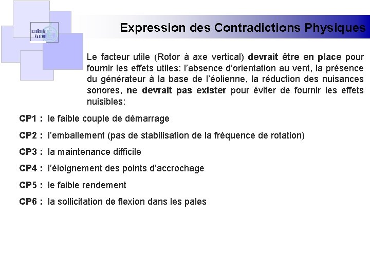 Expression des Contradictions Physiques Le facteur utile (Rotor à axe vertical) devrait être en