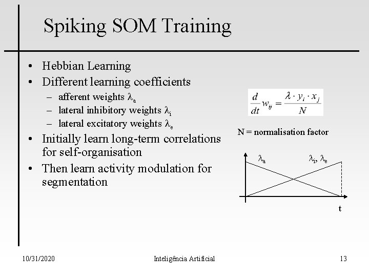 Spiking SOM Training • Hebbian Learning • Different learning coefficients – afferent weights la