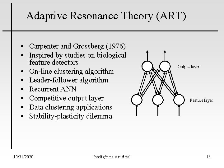 Adaptive Resonance Theory (ART) • Carpenter and Grossberg (1976) • Inspired by studies on