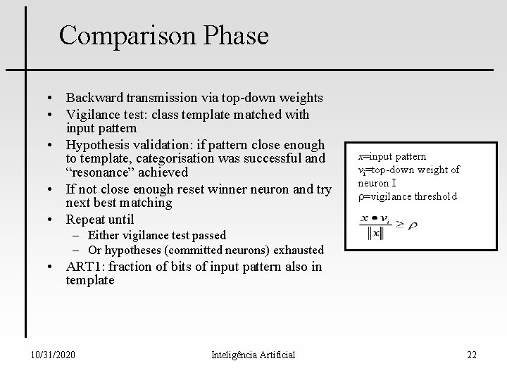 Comparison Phase • Backward transmission via top-down weights • Vigilance test: class template matched Comparison Phase • Backward transmission via top-down weights • Vigilance test: class template matched