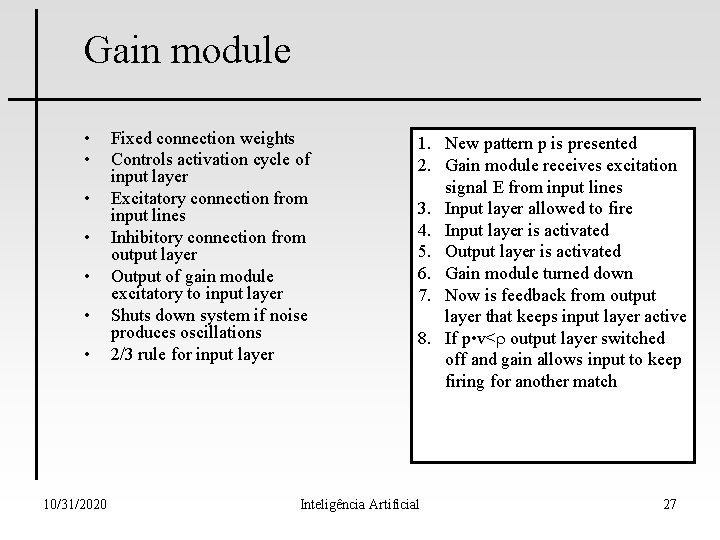 Gain module • • 10/31/2020 Fixed connection weights Controls activation cycle of input layer Gain module • • 10/31/2020 Fixed connection weights Controls activation cycle of input layer