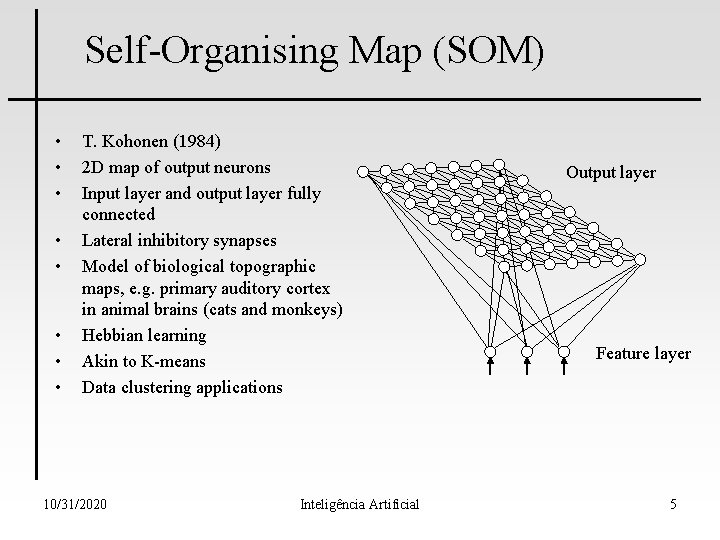 Self-Organising Map (SOM) • • T. Kohonen (1984) 2 D map of output neurons