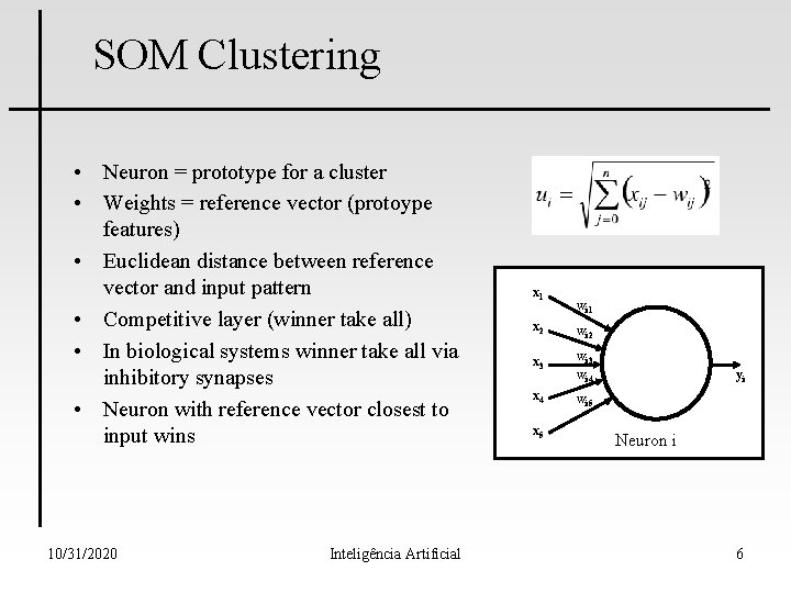 SOM Clustering • Neuron = prototype for a cluster • Weights = reference vector