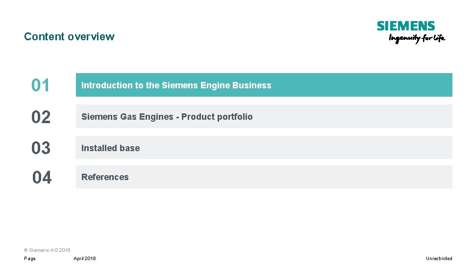 Content overview 01 Introduction to the Siemens Engine Business 02 Siemens Gas Engines - Content overview 01 Introduction to the Siemens Engine Business 02 Siemens Gas Engines -