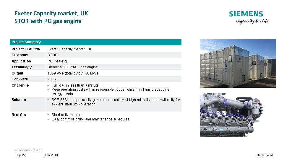 Exeter Capacity market, UK STOR with PG gas engine Project Summary Project / Country Exeter Capacity market, UK STOR with PG gas engine Project Summary Project / Country