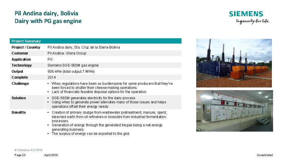 Pil Andina dairy, Bolivia Dairy with PG gas engine Project Summary Project / Country Pil Andina dairy, Bolivia Dairy with PG gas engine Project Summary Project / Country