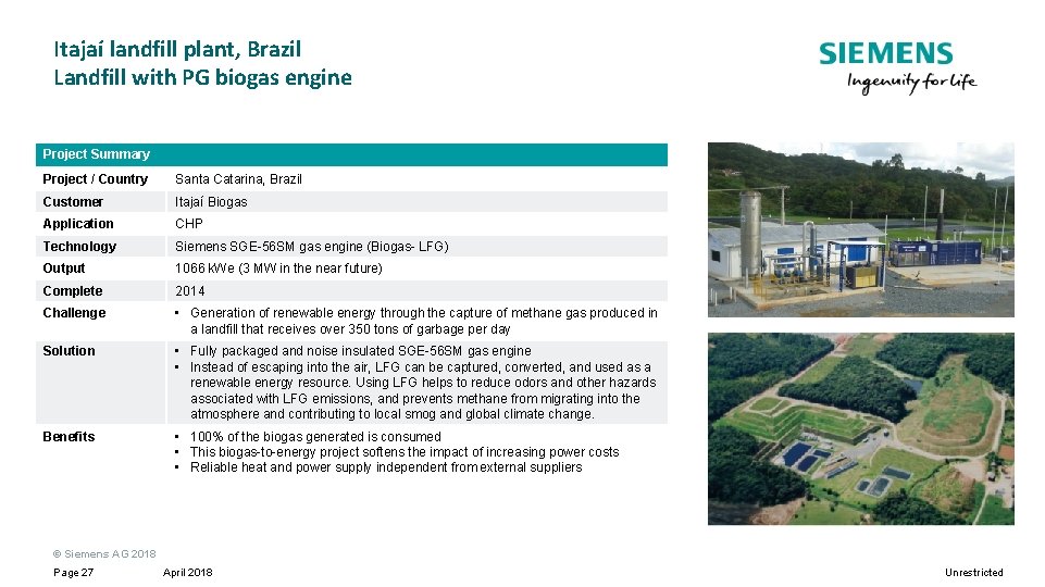 Itajaí landfill plant, Brazil Landfill with PG biogas engine Project Summary Project / Country Itajaí landfill plant, Brazil Landfill with PG biogas engine Project Summary Project / Country