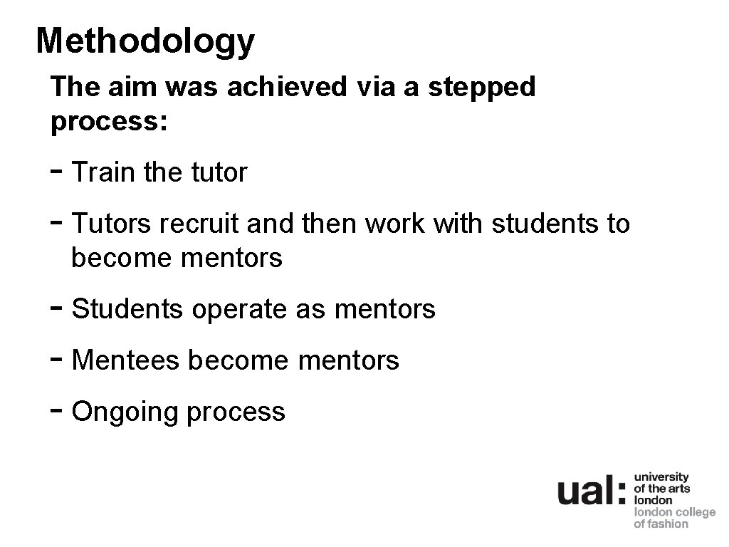 Methodology The aim was achieved via a stepped process: - Train the tutor -