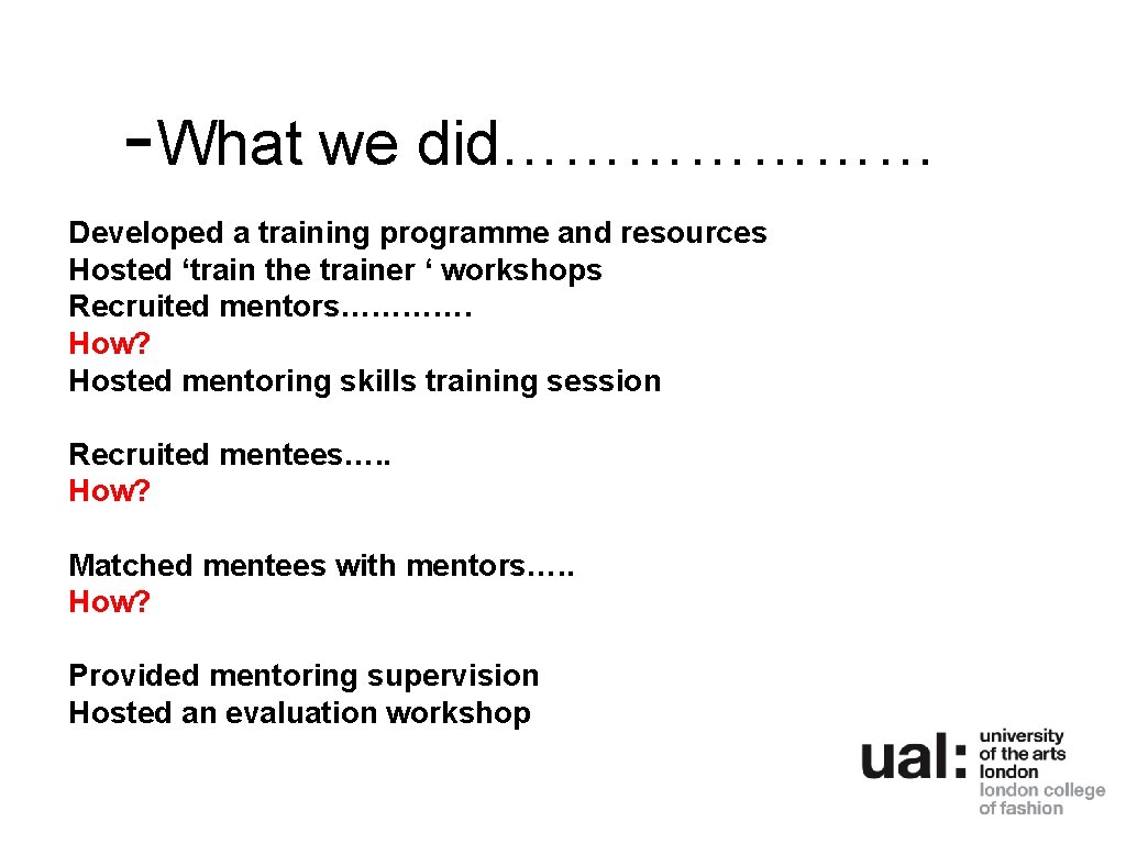 - What we did………………… Developed a training programme and resources Hosted ‘train the trainer