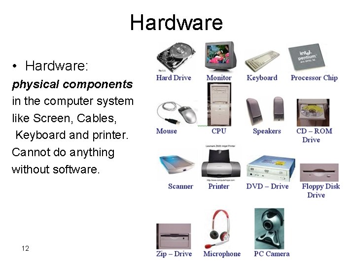 Hardware • Hardware: physical components in the computer system like Screen, Cables, Keyboard and