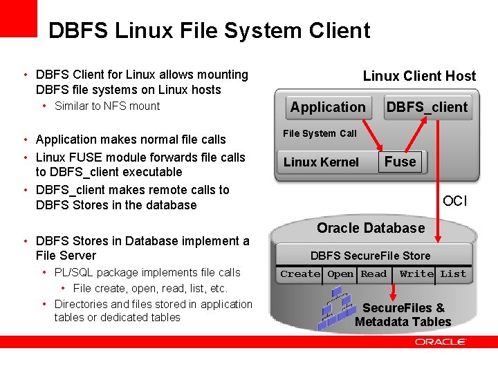 DBFS Linux File System Client • DBFS Client for Linux allows mounting DBFS file